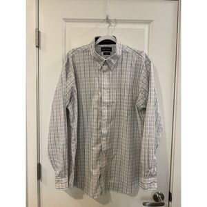 Paul Fredrick Men 18x37 Tailored Fit NonIron Cotton Plaid Dress Shirt Grey White
